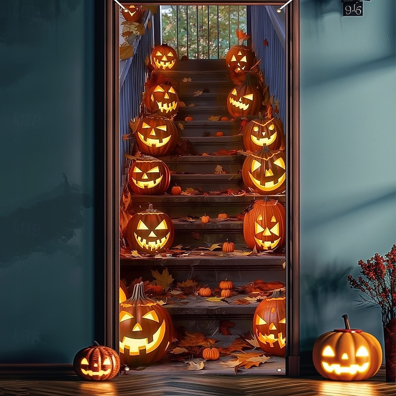 Halloween Door Decorations Halloween Door Covers Door Tapestry Pumpkins Forest Door Curtain Decoration Backdrop Door Banner for Front Door Farmhouse Holiday Party Decor Supplies2