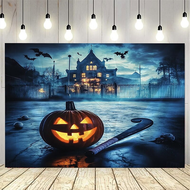 Halloween backdrop Haunted House Backdrop Tapestry, Spooky Full Moon Night with Creepy Tree, Pumpkin Lantern and Gothic Cottage, Scary Wall Hanging Decoration for Living Room, Bedroom, Party or Haunted Theme Decoration3
