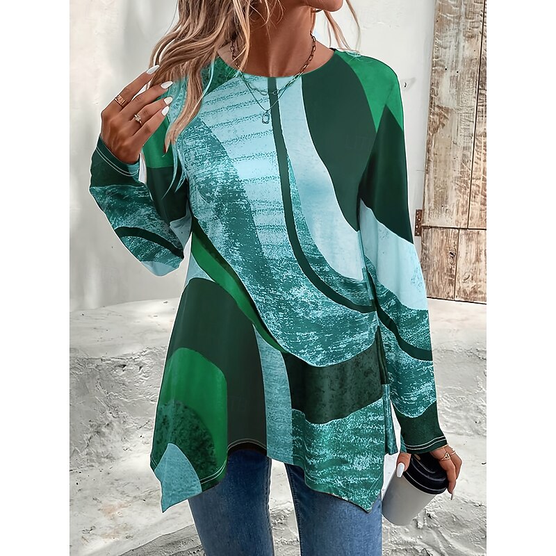 Women's T Shirt Graphic Geometric Vintage Stylish Casual Long Sleeve Crew Neck Regular Tops Daily Print Asymmetrical Red Purple Brown Green Khaki Summer Spring Fall4