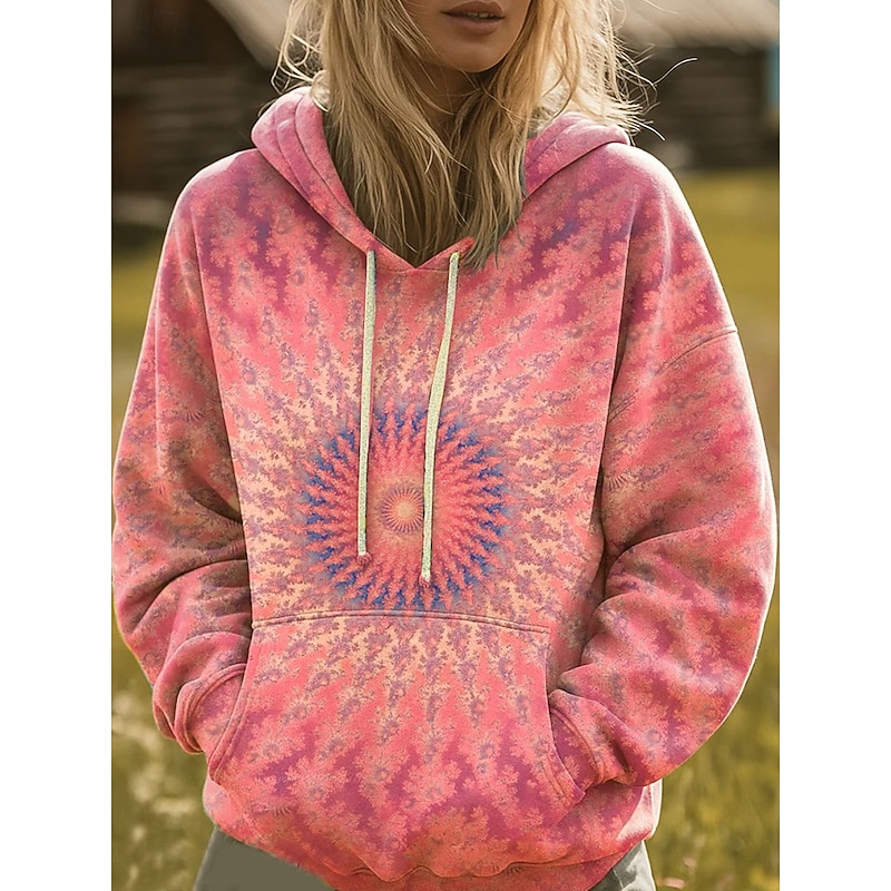 Women's Pullover Hoodie Sweatshirt Graphic Rainbow Casual Boho Long Sleeve Hooded Regular Tops Street Dailywear Print Front Pocket Pink Orange Green Fall Winter