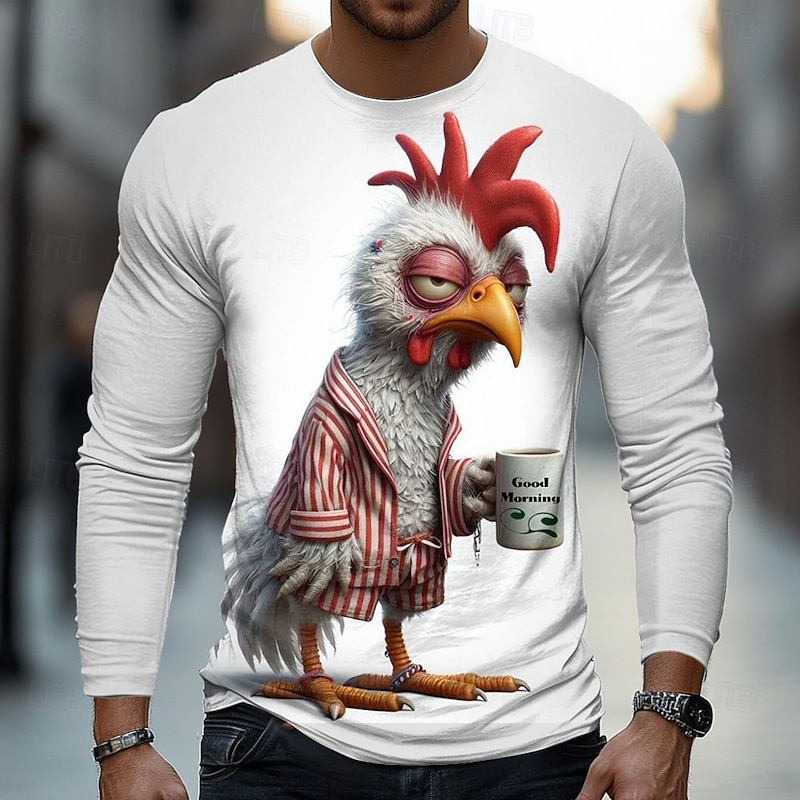 Men's 3D Chick T Shirt Long Sleeve T shirt 3D Print Crew Neck Shirt Fashion Basic Street Casual Daily White Gray Summer Spring Clothing Apparel S M L XL XXL XXXL2