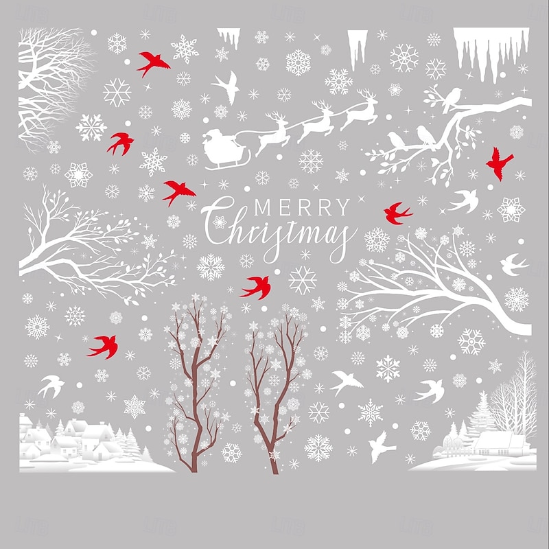 9 Sheets Christmas Window Cling Wall Sticker Decals Decorations, Reindeer, Snowflakes, Hummingbirds & Snow Houses, Merry Christmas, Static Cling, Holiday Home & Store Decor3