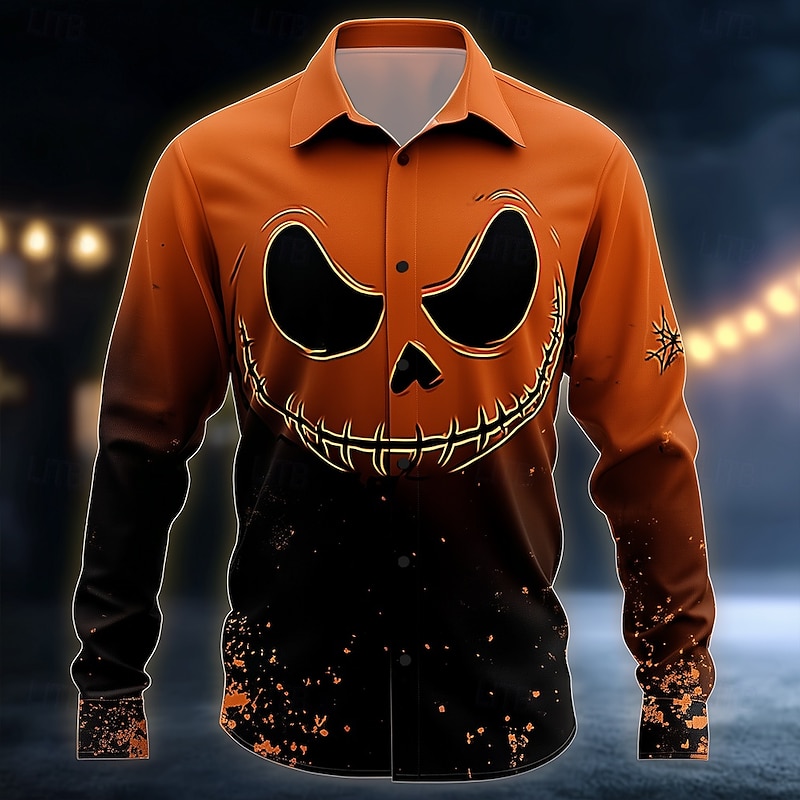 Halloween Men's Pumpkin Halloween Costumes Jack-o'-lantern Shirt Button Up Shirt Long Sleeve Dark Gothic Style Outdoor Holiday Summer Spring Turndown 3D Print Collared Shirts Black / Orange Orange2