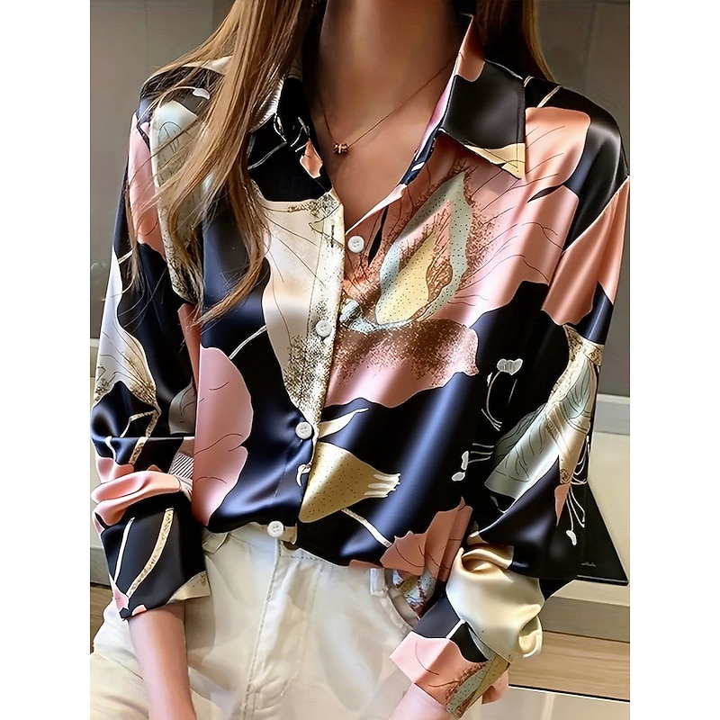 Women's Shirt Work Shirt Floral Graphic Elegant Stylish Casual Long Sleeve Shirt Collar Regular Tops Work Daily Sage Green Pink Spring Fall