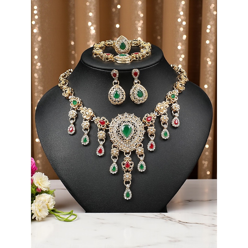 Women's Vintage Crystal Jewelry Set - 1920s Gatsby Style Green and Red Gem Necklace, Earrings, and Bracelet for Roaring Twenties Parties and Formal Events