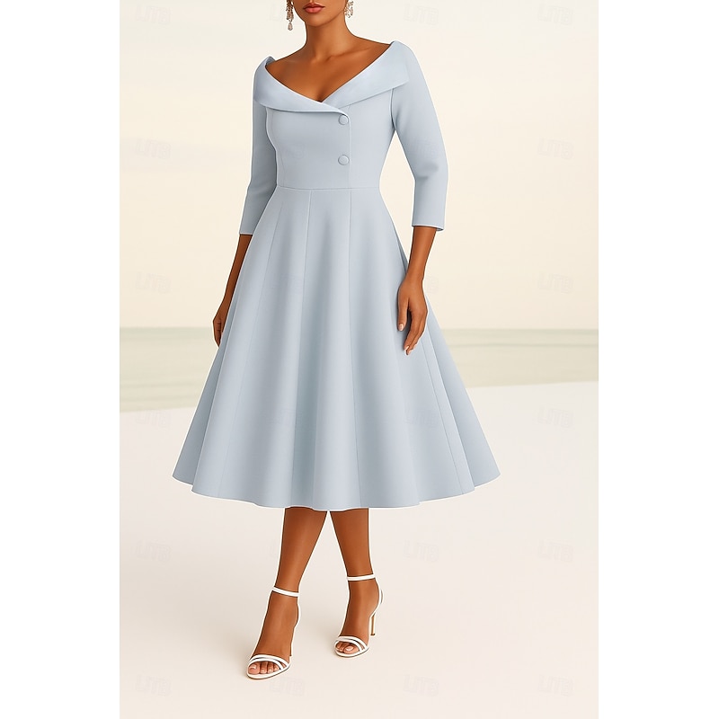 Tuxedo Dress A-Line Formal Wedding Guest Stretch Fabric Elegant Simple Minimalist 3/4 Length Sleeve Knee Length V Neck Lapel