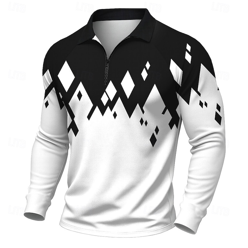 Men's Geometic Polo Long Sleeve Polo Shirts Casual Outdoor Street Daily Wear 3D Print Quarter Zip Polo Spring Fall Winter Black White