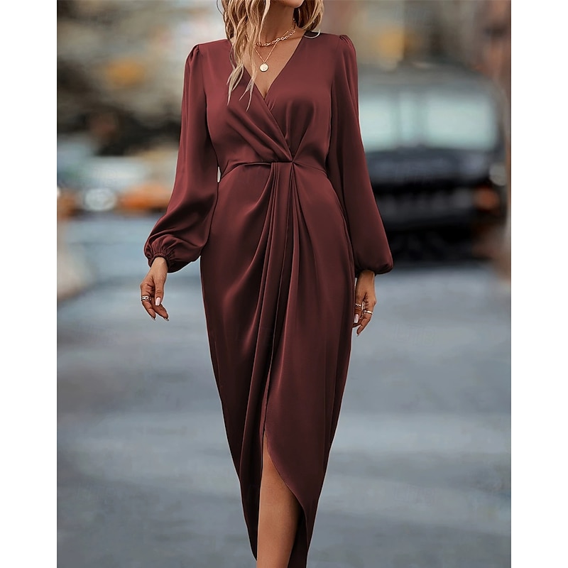 Women's Midi Dress Selkie Dress Fashion Classic Modern Outdoor Vacation Holiday Regular Fit Plain Long Sleeve V Neck Champagne Wine Army Green Blue Summer2