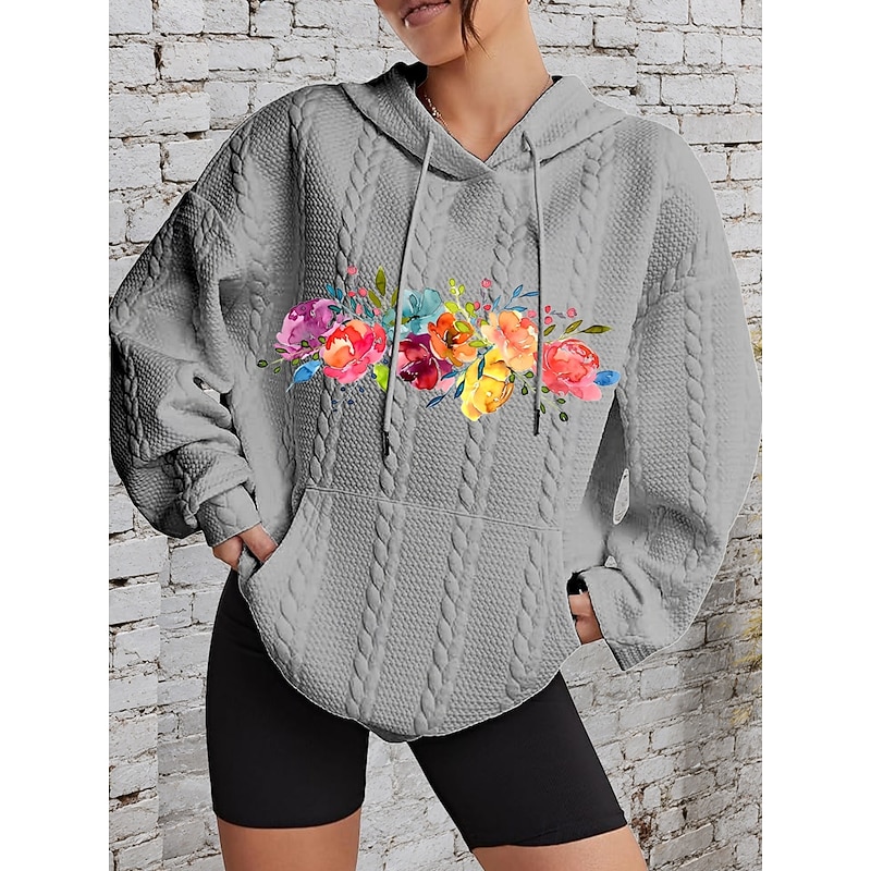 Women's Hoodies Floral Graphic Sportswear Casual Long Sleeve Hooded Regular Tops Casual Sports Drawstring Print Front Pocket Black White Pink Gray Fall Winter4