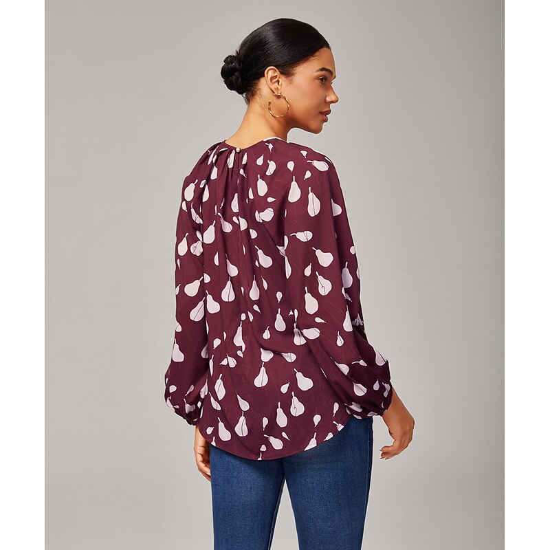 Women's Top Casual Loose Fit Pear Print Long Sleeve Wine Red4