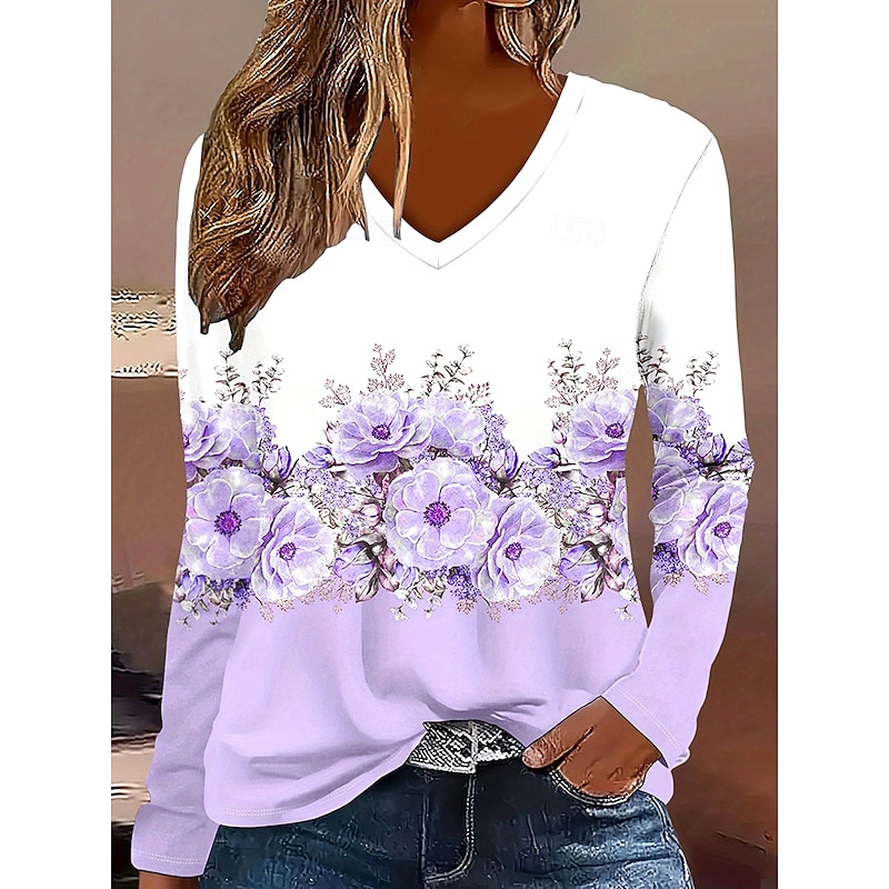 Women's T Shirt Floral Graphic Plants Vintage Stylish Classic Long Sleeve V Neck Regular Tops Daily Print Purple Spring Fall Winter