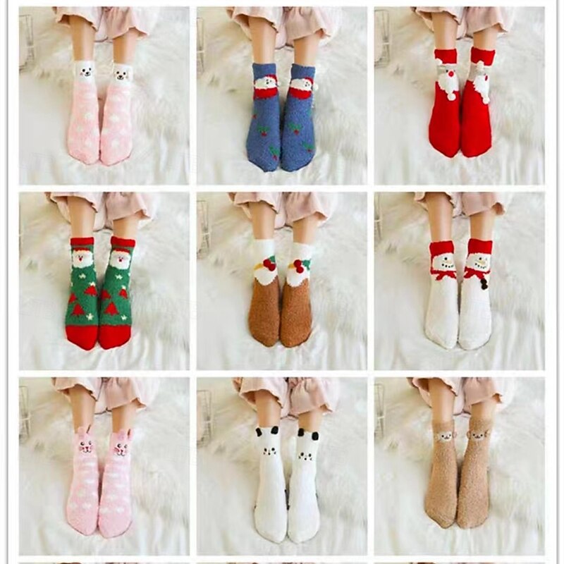 In-Stock Women's Slipper Socks, Cartoon Coral Fleece Plush Crew Socks, Mid-Calf Fluffy Floor Socks, Christmas Holiday Cross-Border Edition2