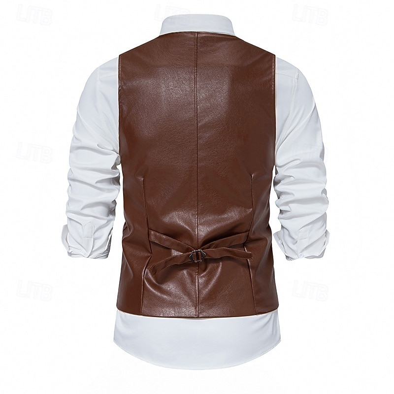 Men's Western Vest Waistcoat Leather Vest Formal Vacation Casual Daily Vintage Cowboy Spring Fall Pocket Buttons 100% Polyester PU Leather Comfortable Plain Single Breasted Notch lapel collar Slim3