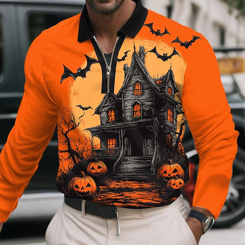 Halloween Men's Pumpkin Castle Polo Long Sleeve Polo Shirts Lapel Casual Street Daily Wear Festival Outfit 3D Print Quarter Zip Polo Spring Fall Winter Black Orange