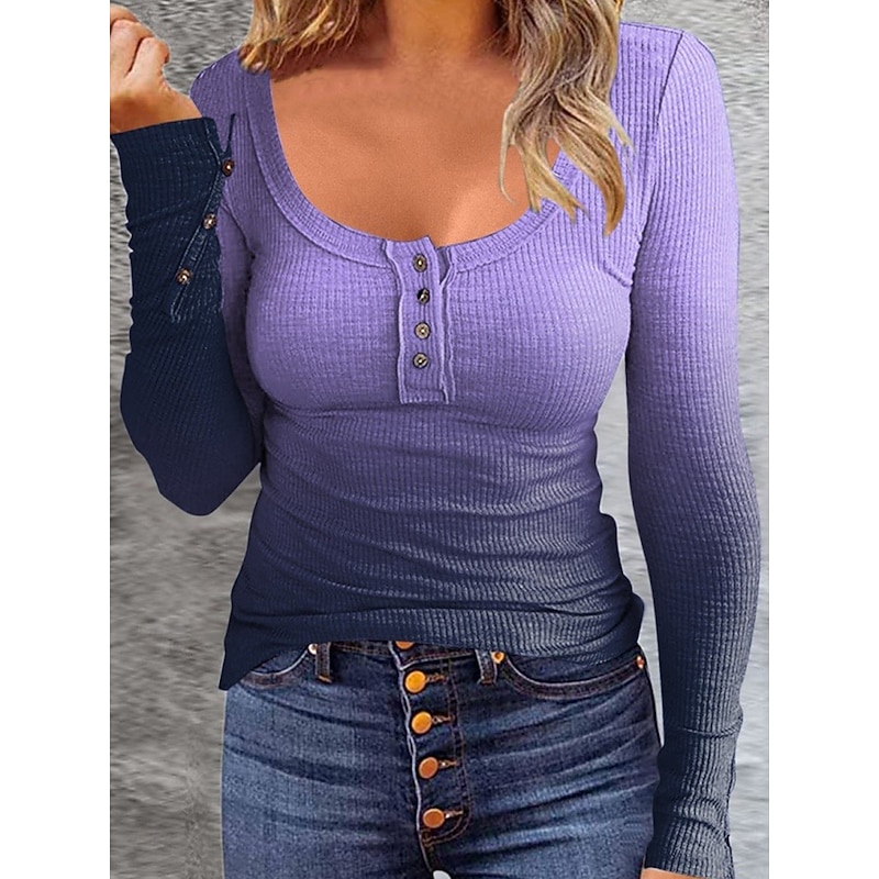 Women's Blouse Ombre Stylish Casual Long Sleeve Scoop Neck Regular Tops Daily Buttons Print Pink Blue Purple Green Spring Fall Winter