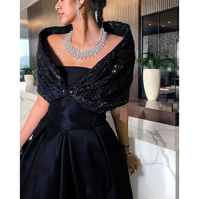 Formal Cape Dress Evening Gown Dark Navy Beaded Elegant Dress Formal Wedding Floor Length Sleeveless Off Shoulder Lace with Bow(s) Pleats 20253