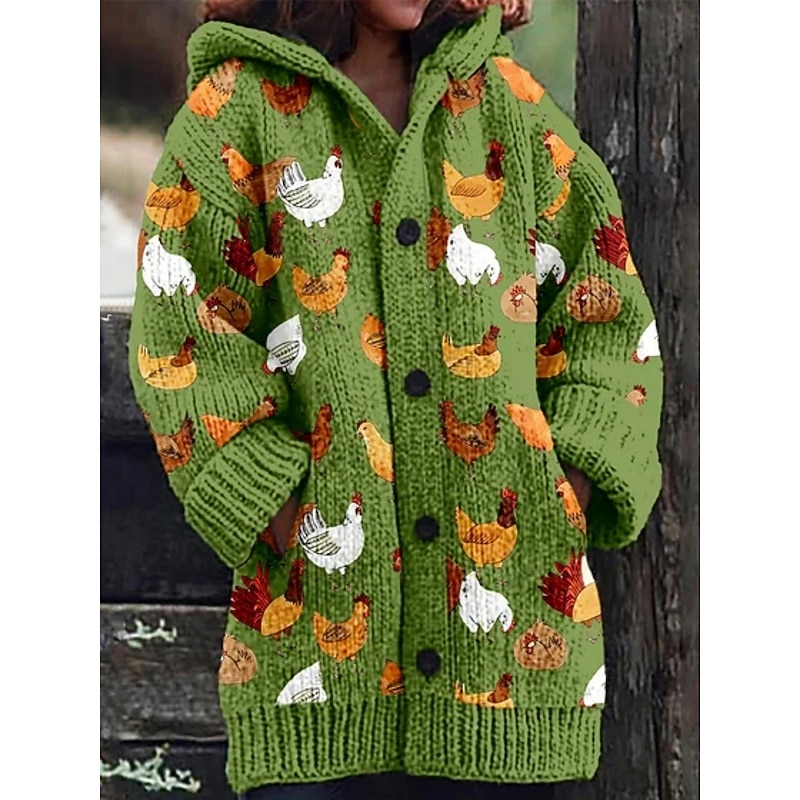 Women's Cardigan Vacation Daily Floral Ribbed Hooded Knitted Print Front Pocket Long Sleeve Regular Tops Knit Outdoor Daily Holiday Green Beige Fall Winter3
