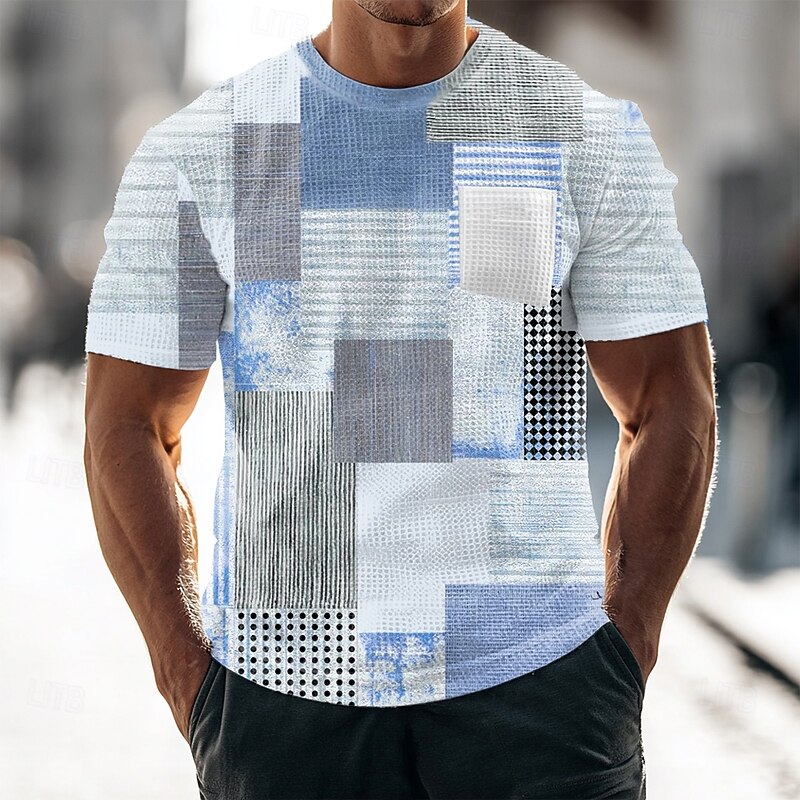 Men's Geometric Waffle Shirt Short Sleeve T shirt 3D Print Crew Neck Shirt Fashion Daily Designer Street Casual Daily Light Pink Blue Khaki Summer Spring Clothing Apparel S M L XL XXL XXXL4