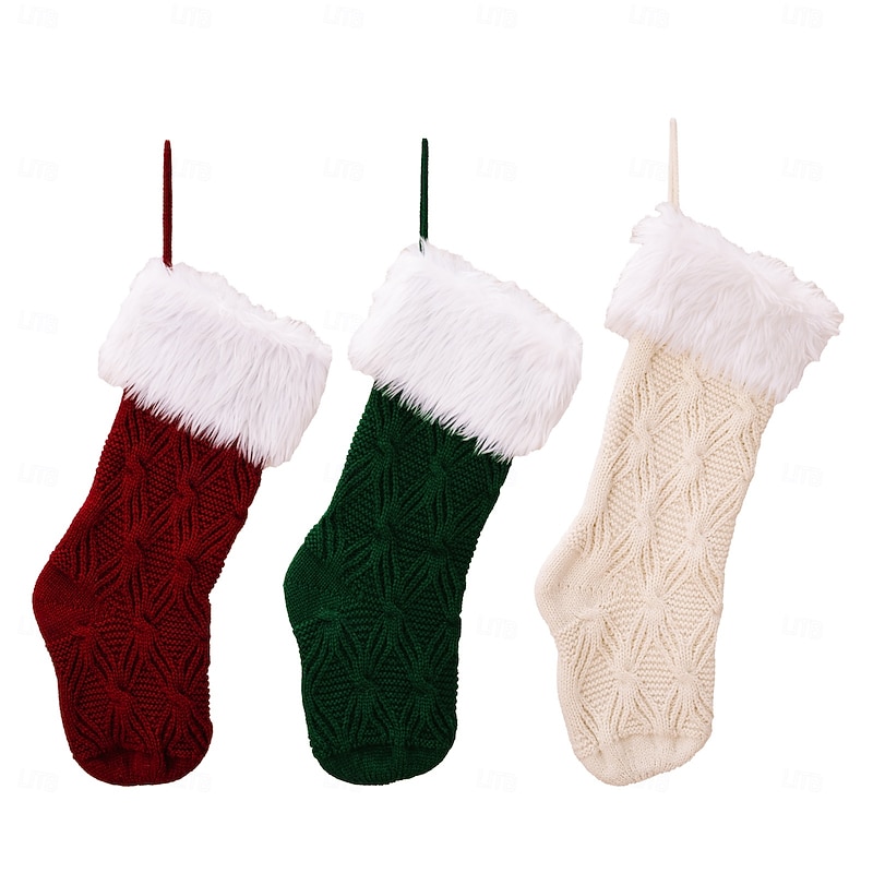 Christmas Stocking Knitted Luxury Yarn Holiday Sock Green Gift Bag for Christmas Presents Home Fireplace Festive Party Seasonal Decoration Accessory4