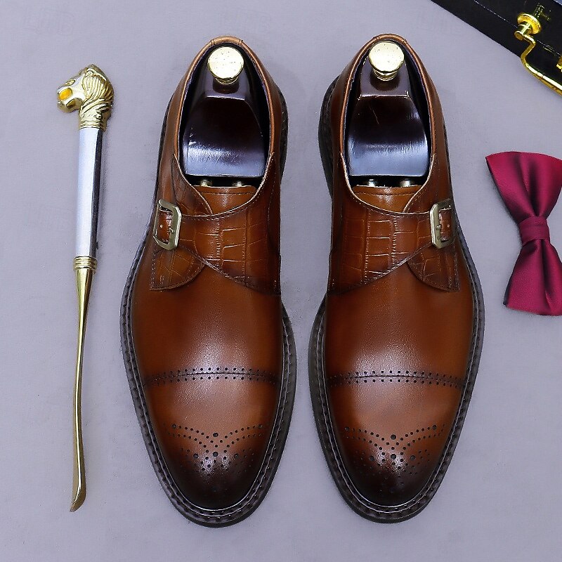 Men's Black Genuine Leather Monk Strap Dress Shoes- First Layer Cowhide with Crocodile Texture and Brogue Detailing, Classic Business Formal Footwear for Office, Weddings, and Professional Occasions3