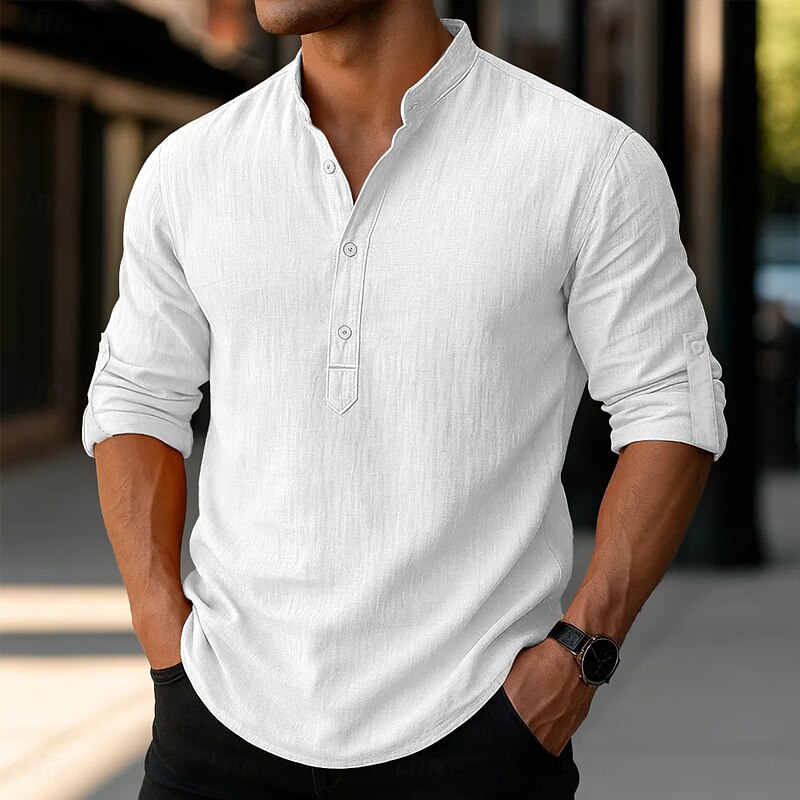 Men's Linen Shirt Popover Shirt Casual Shirt Beach Shirt Band Collar Shirt Plain Vacation Hawaiian Black White Pink Orange Long Sleeve Henley Spring & Summer Clothing Apparel Roll up Sleeves