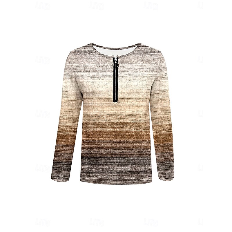 Women's T Shirt Ombre Graphic Gradient Elegant Vintage Stylish Long Sleeve Crew Neck Round Neck Notched Neck Regular Tops Daily Weekend Zipper Print Light Brown Spring Fall Winter2