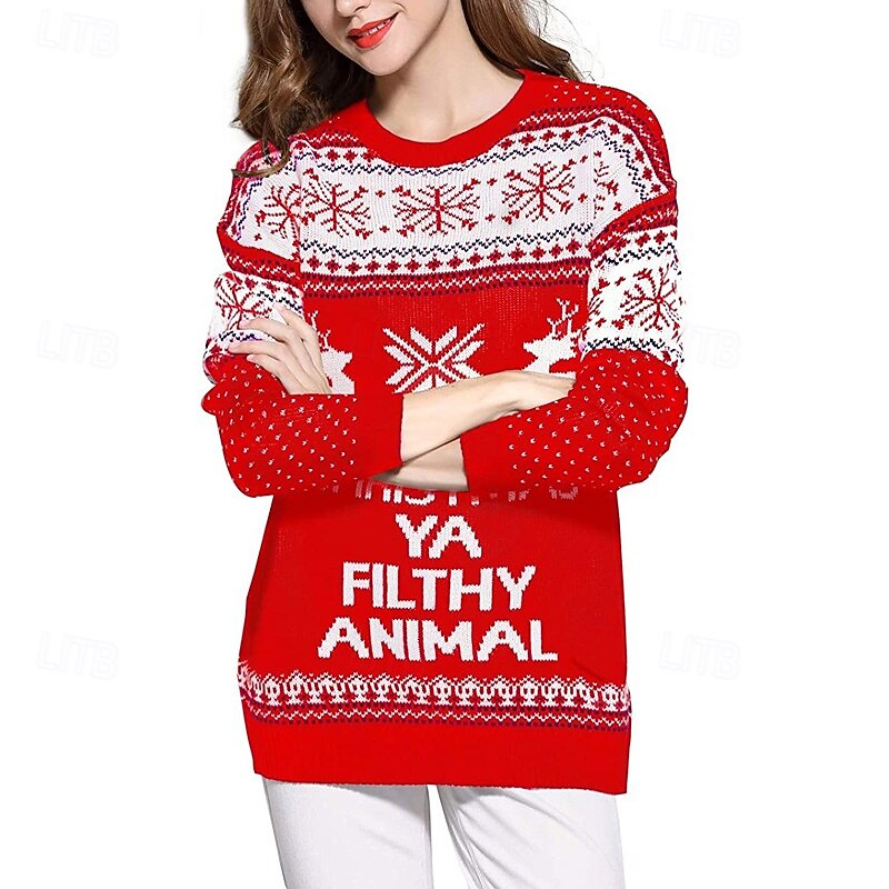 Women's Christmas Sweater Fair Isle Sweater Pullover Casual Snowflakes Ribbed Crew Neck Knitted Print Long Sleeve Regular Tops Knit Christmas Daily Holiday Black White Winter3