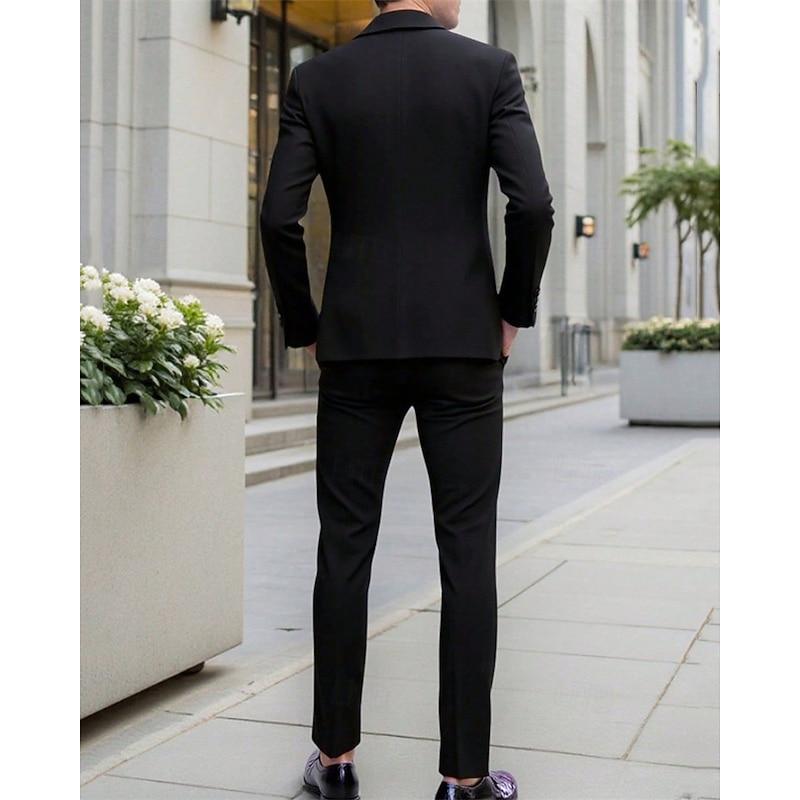Men's Blazer Set Business Cocktail Party Wedding Party 2 Piece Fashion Casual Spring Fall Polyester Plain Pocket Buttons Comfortable Single Breasted Blazer Black3