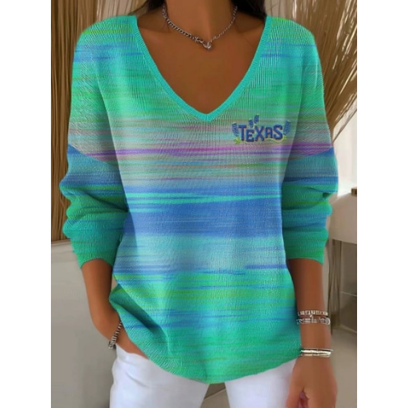 Women's Sweater Casual Soft Floral Striped Ribbed V Neck Knitted Long Sleeve Regular Tops Knit Outdoor Daily Weekend Purple Orange Spring Fall4