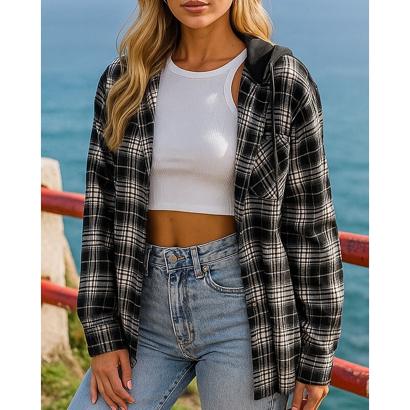 Women's Fall Outfits Shirts Jacket Coats Hooded Long Sleeve Top Athleisure Plaid Checkered Fashion Outdoor Travel Sports Sportswear Activewear Apricot Black Red4