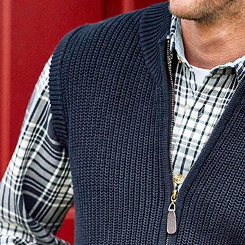 Men's Sweater Sweater Vest Cardigan Sweater Zip Sweater Ribbed Knit Regular Tops Knitted Plain High Neck Vacation Fashion Casual Daily Wear Clothing Apparel Spring &  Fall Navy Blue Gray S M L3