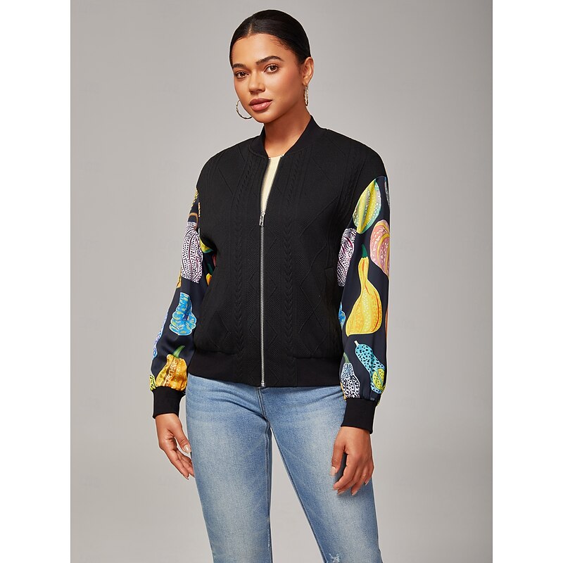 Women's Bomber Jacket Casual Street Patchwork Pumpkin Print Micro - elastic Textured Fabric Black Polyester Elastane4
