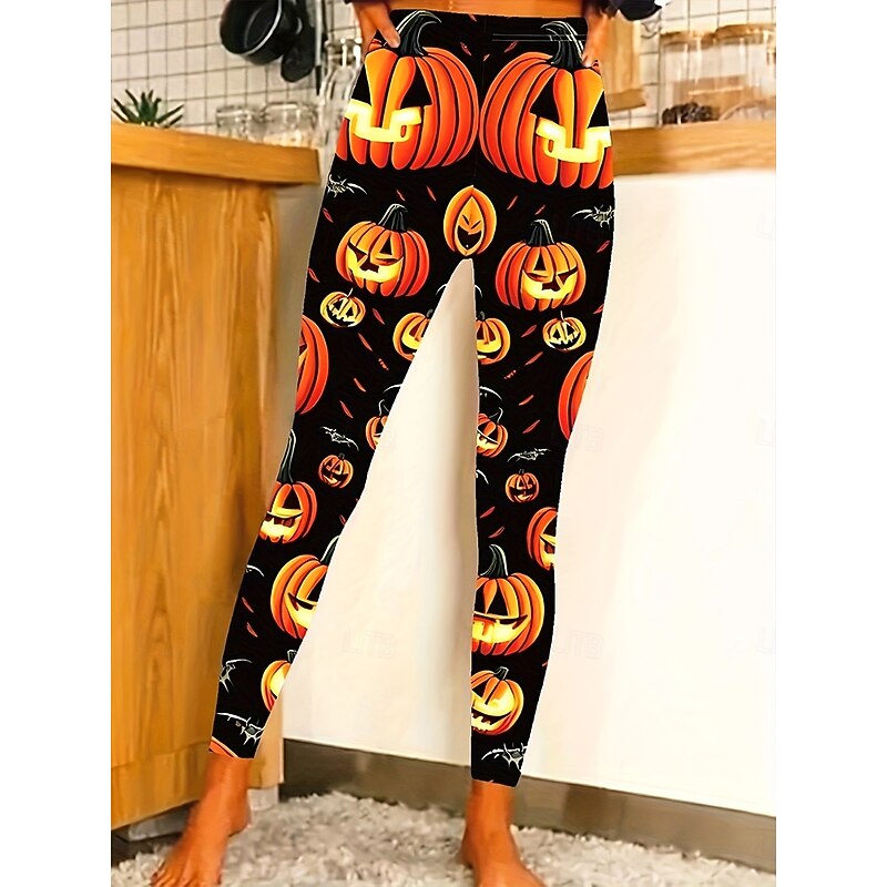 Women's Leggings Vacation Vintage Full Length High WaistPantsHalloween Graphic Skull Halloween Printing Thermal Warm Soft Breathable Stretchy Outdoor Holiday Violet White Orange Spring Fall Slim Fit2