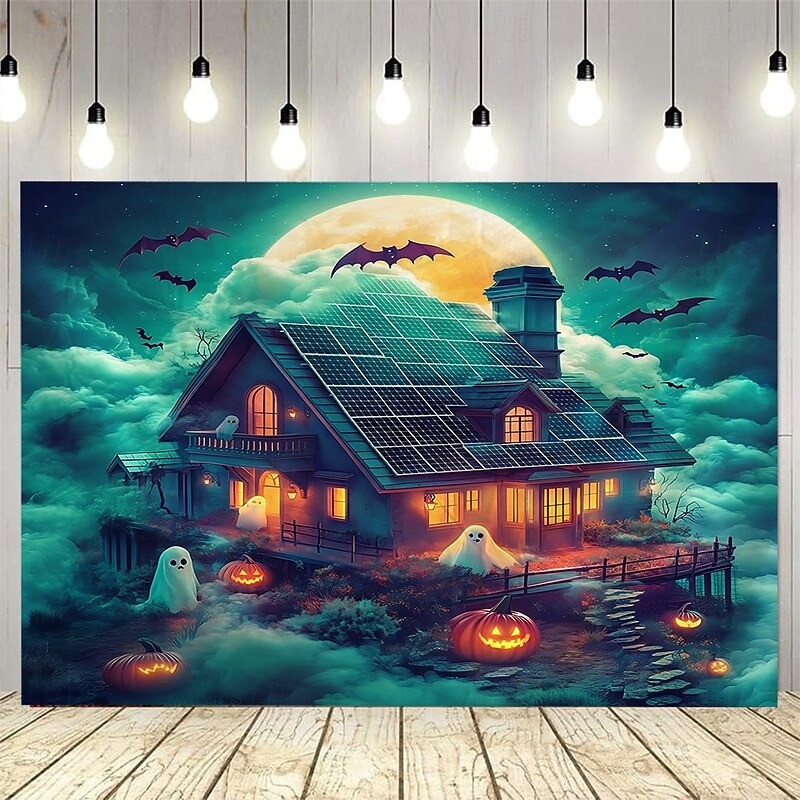Halloween Photograph Backdrop Tapestry, Pumpkin Lantern, Bat, Full Moon, and Haunted House Pattern Wall Hanging, Large Decorative Mural for Bedroom, Living Room, Party, and Home Decoration