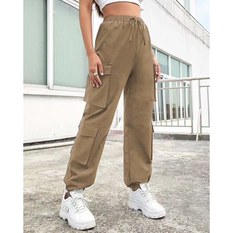 Women's Slacks Parachute Pants Streetwear Casual Ankle-Length Natural Plain Drawstring Elastic Waist Comfortable Street Holiday Daily Wear Black Green Khaki Fall Regular Fit4
