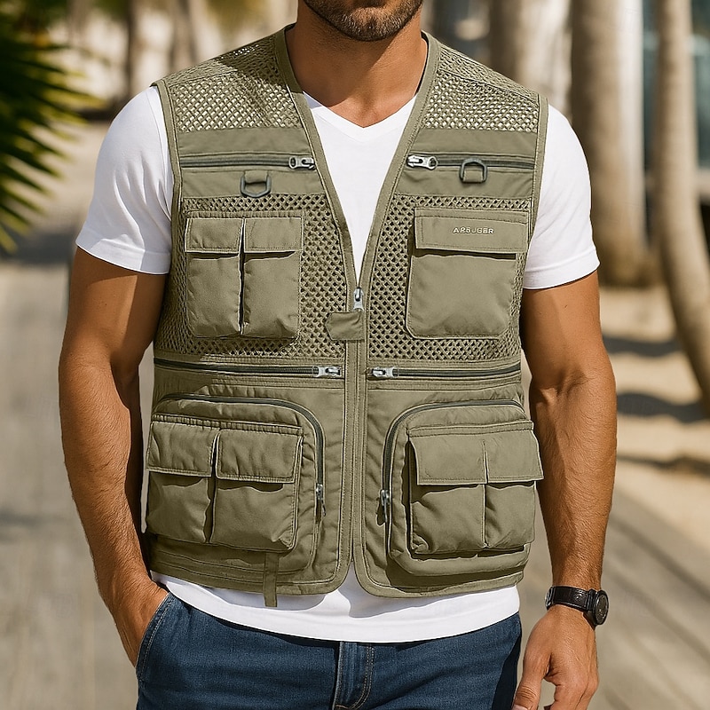 Men's Outdoor Vest Tactical Jacket Outdoor Sports Outdoor Fishing Camping & Hiking Active Casual Summer Spring Multi Pocket Multi Layer Polyester Mesh Tactical Zipper V Neck Regular Fit Black Red