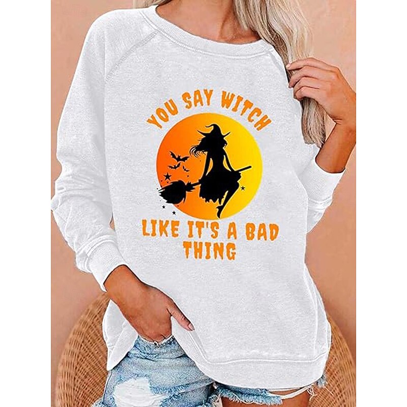 Halloween Women's Pullover Sweatshirt Witch Graphic Fashion Casual Long Sleeve Crew Neck Regular Tops Street Dailywear Casual Print Black White Gray Fall Winter3