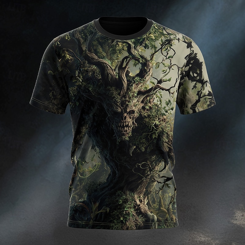 Halloween Men's Optical Illusion 3D Tree Demon T Shirt Short Sleeve T shirt 3D Print Crew Neck Shirt Exaggerated Designer Horror Party Street Holiday Blue Dark Green Summer Spring Clothing Apparel S