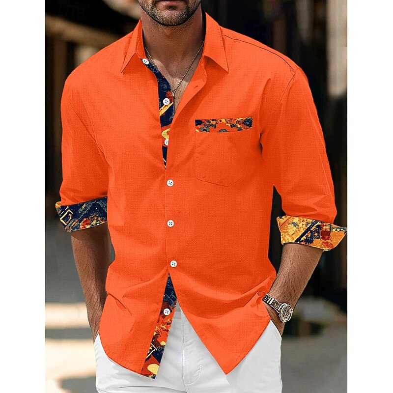Men's Shirt Linen Shirt Graphic Vacation Casual Black Yellow Navy Blue Orange Long Sleeve Turndown Summer Spring Clothing Apparel Patchwork4