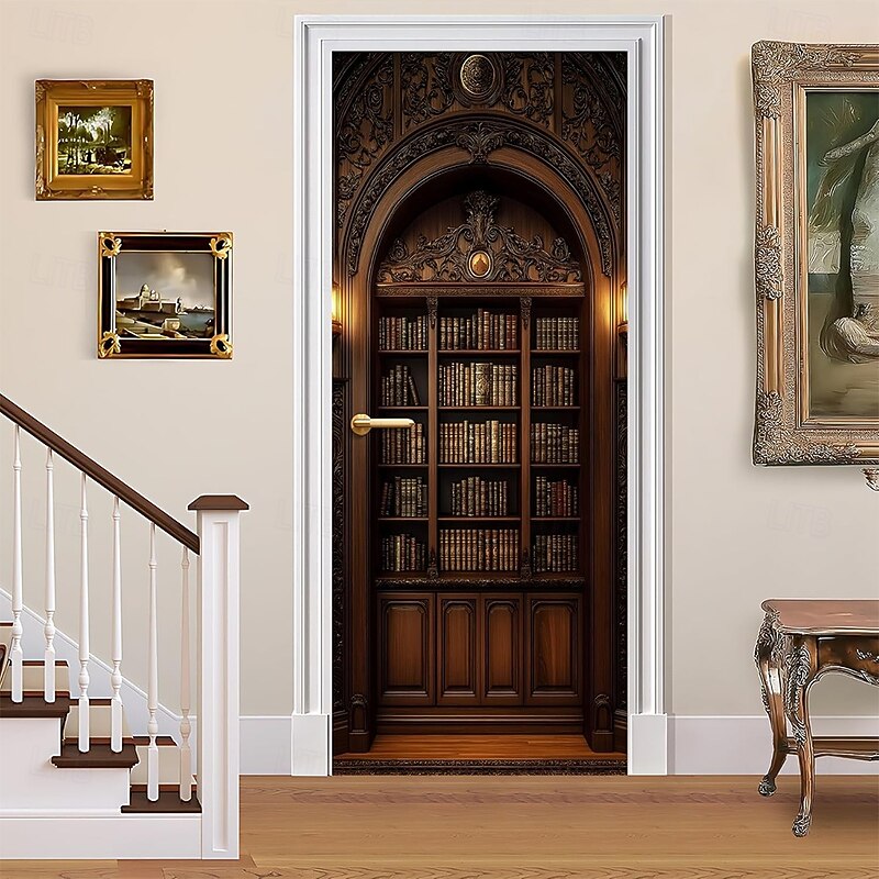 Door Cover Outdoor Banners Bookshelf Library 3D Dark Academia Bedroom Living Room Front Door Home Decor4