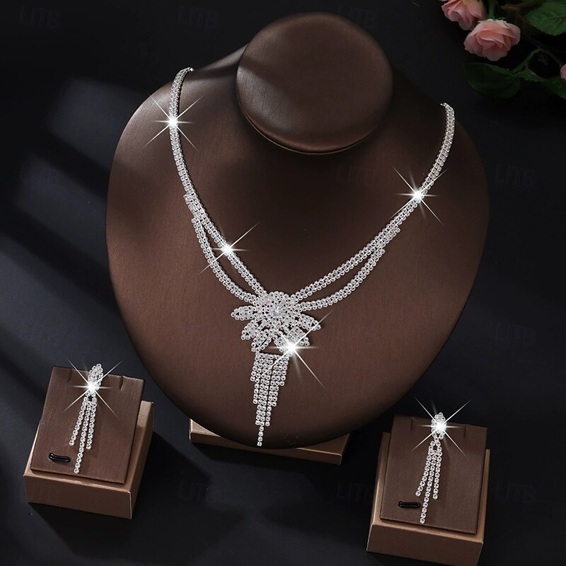 Jewelry Set 3pcs Rhinestone Alloy Earrings Necklace Women's Elegant Vintage Dainty Geometrical Geometric Jewelry Set For Wedding Party Wedding Guest4