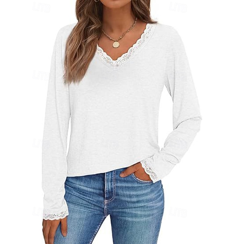 Women's Shirt Blouse Plain Modern Casual Long Sleeve V Neck Regular Tops Daily Holiday Going out Lace Patchwork Black White Wine Blue Fall2