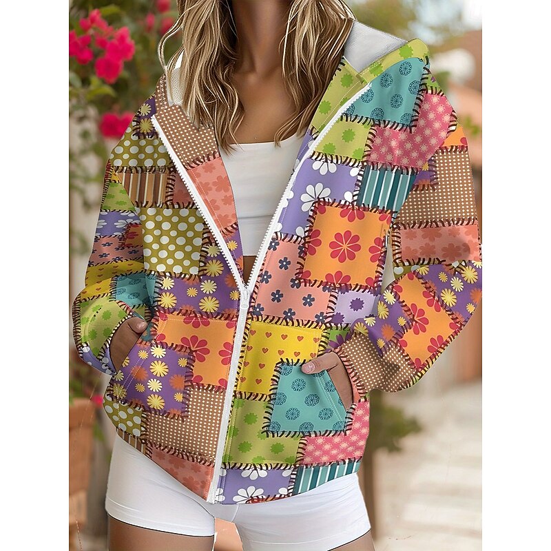 Women's 3D Print Vintage Boho Hoodie Patchwork Hoodie Sweatshirt Floral Zip Up Vintage Casual Long Sleeve Hooded Street Dailywear Patchwork Zipper Pocket Red Blue Orange Light Blue Spring Fall3
