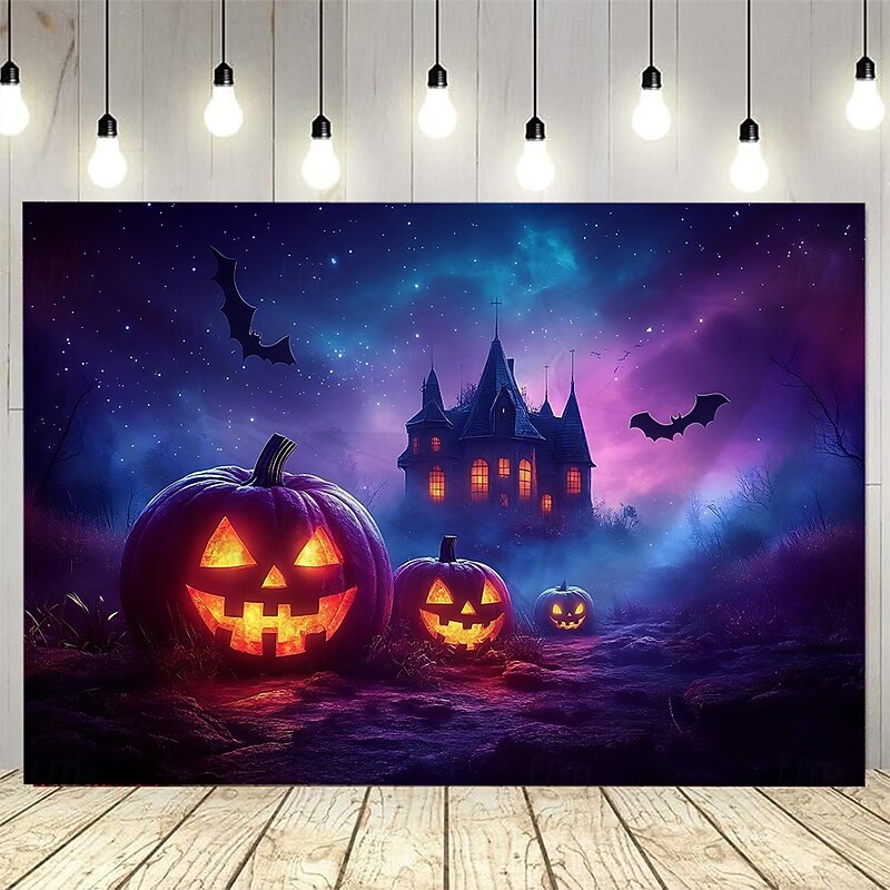 Halloween Photograph Backdrop Tapestry, Pumpkin Lantern, Bat, and Moon Pattern Wall Hanging, Large Decorative Mural for Bedroom, Living Room, Party, and Home Decoration3