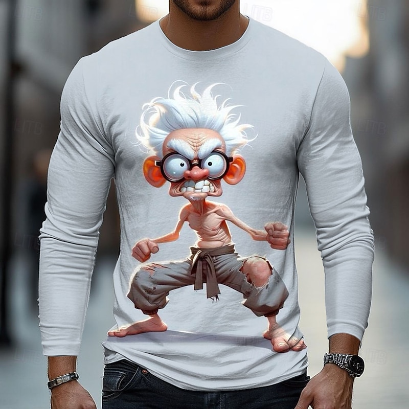 Men's 3D Old Man T Shirt Long Sleeve T shirt 3D Print Crew Neck Shirt Fashion Basic Street Casual Daily Light Brown Khaki Dark Gray Summer Spring Clothing Apparel S M L XL XXL XXXL3