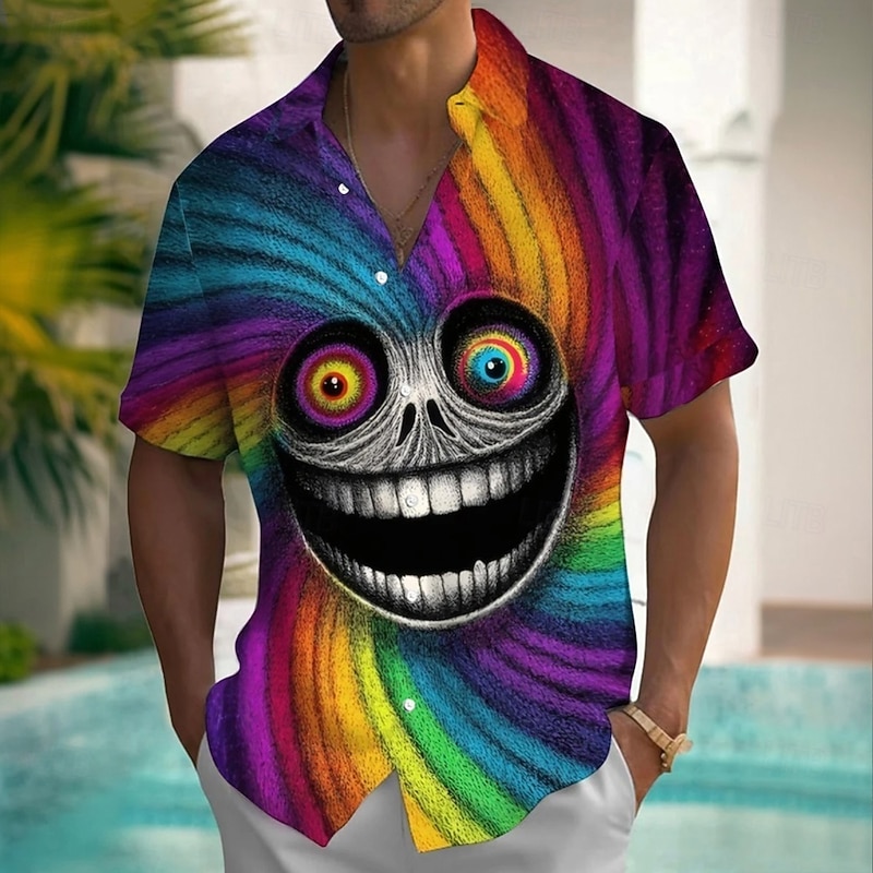 Halloween Men's Skull Spiral Stripe Halloween Costumes Shirt Button Up Shirt Short Sleeve Dark Punk Gothic Style Holiday Summer Spring Turndown 3D Print Collared Shirts Rainbow