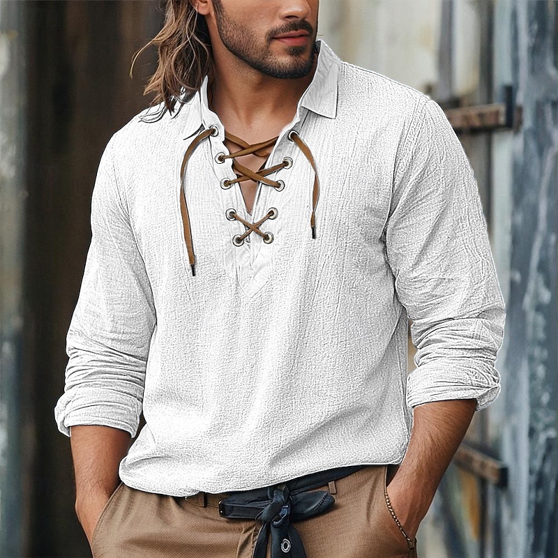 Men's Shirt Linen Shirt Viking Style Summer Shirt Beach Shirt Solid Color Vacation Casual White Blue Orange Green Long Sleeve Turndown Summer Spring Clothing Apparel Lace up