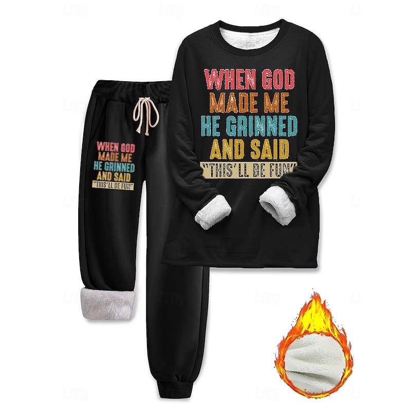 Women's Elegant Warm Fashion Two Piece Sets Tracksuit Pants Sets Long Sleeve Bishop Sleeve Crew Neck Graphic Letter Print Outdoor Vacation Daily Black Pink Dark Pink Spring Regular Fit