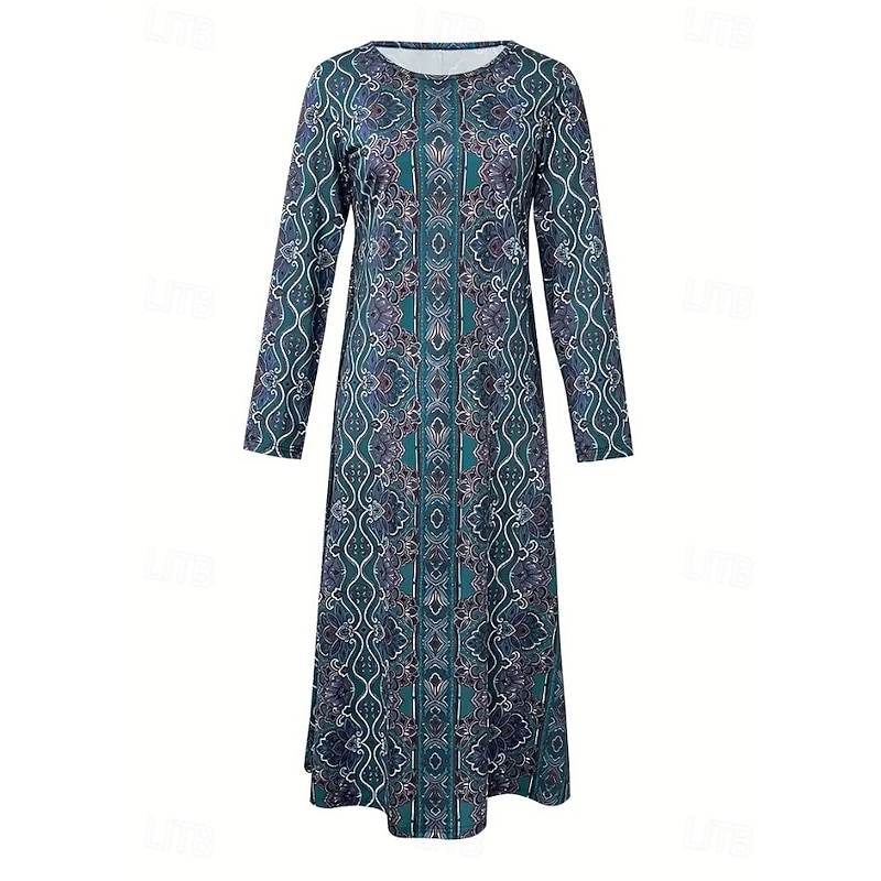 Women's Maxi Dress A Line Dress Summer Dress Vacation Casual Boho Daily Regular Fit Graphic Geometric Long Sleeve Crew Neck Blue Summer Spring Fall Winter2