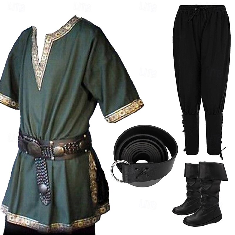 Pirate Warrior Knight Ritter Viking Celtic Knight Medieval Renaissance 17th Century Nordic Shirt Men's Embroidered Costume Vintage Cosplay Performance Masquerade LARP Short Sleeve Shirt Halloween